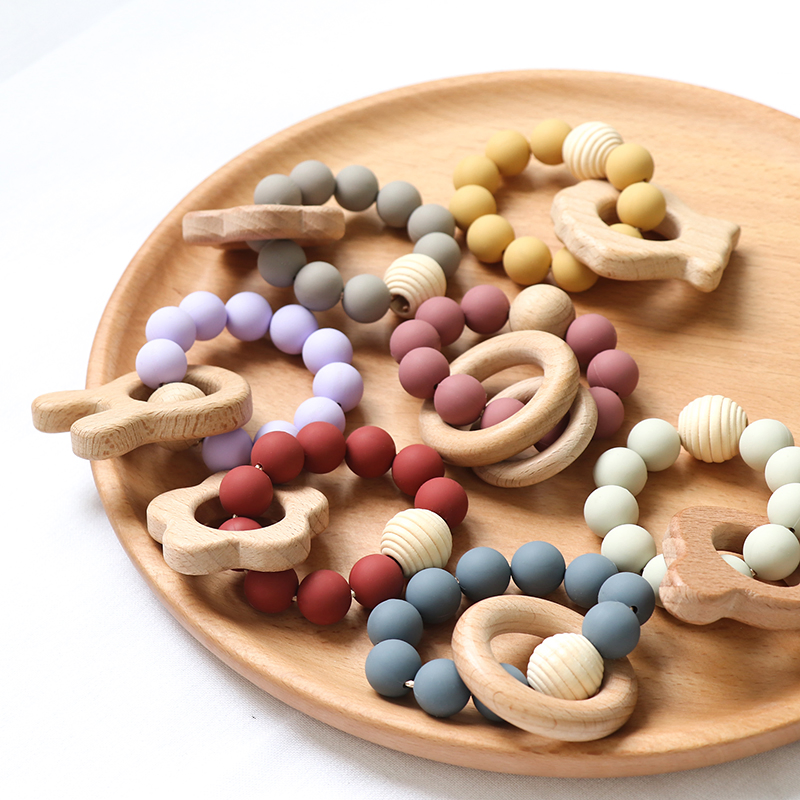 Amazon Food Grade Silicone Teether Bracelet Wooden Silicone Teething Ring for Baby