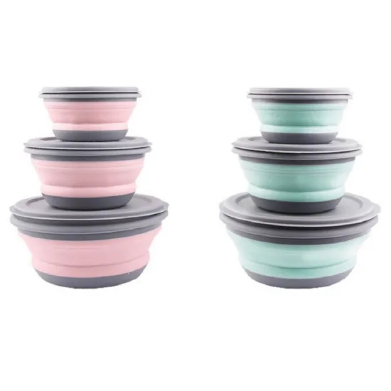 Portable Foldable Silicone Bowl Lunch Box Set of 3 Travel Bowl Microwaveable Container W18_8