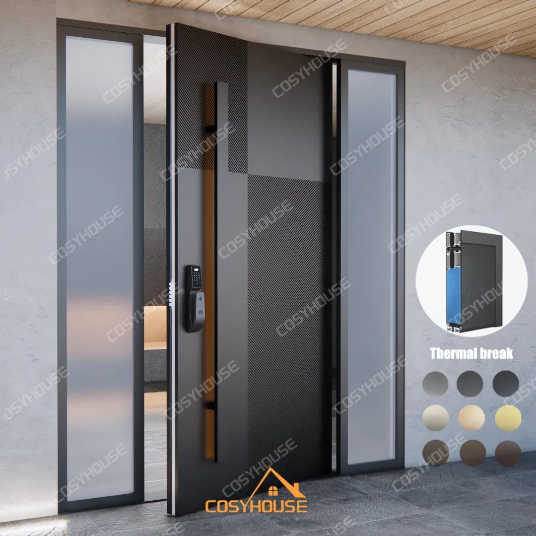 Modern Exterior Door with Side Windows and Glass Insert for Villa Apartment Main Entrance - Aluminum Alloy Frame Thermal Insulation Anti-Theft Design