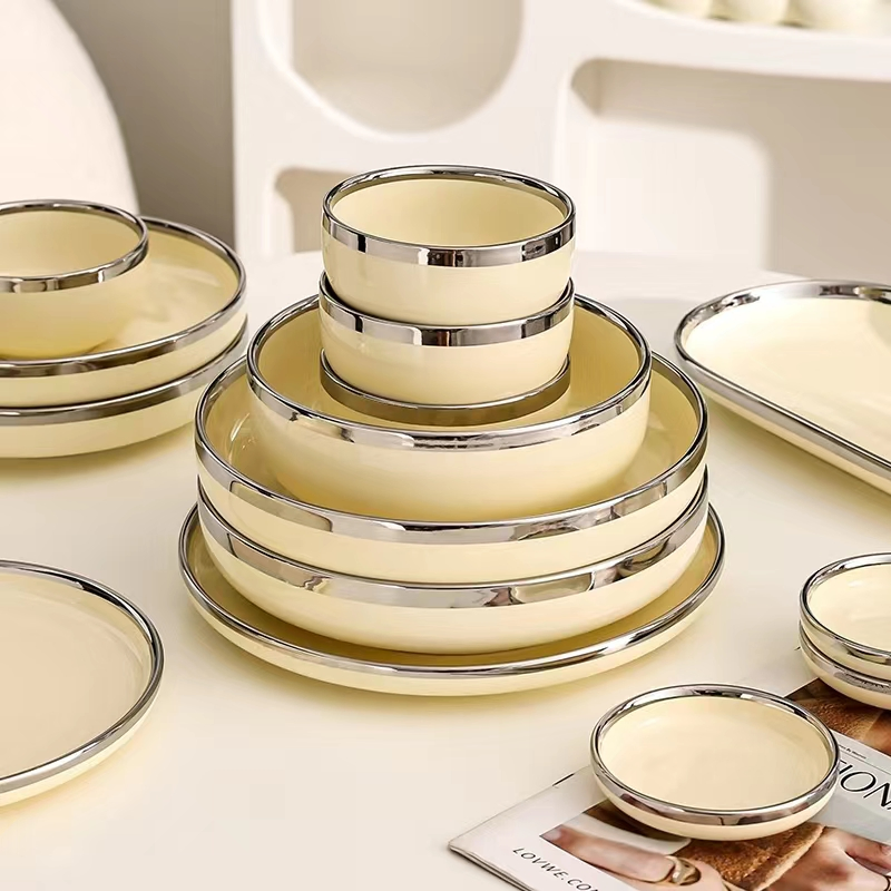 Elegant Light Yellow Ceramic Tableware Set with Silver Trim