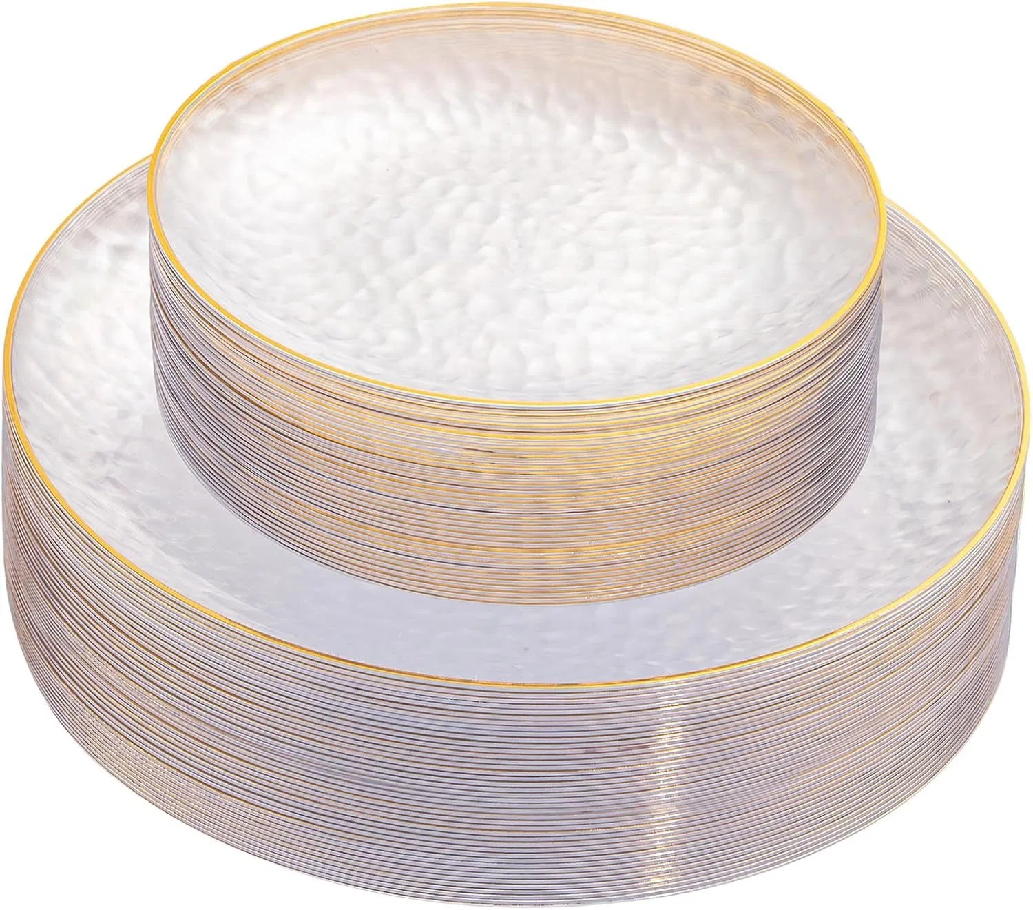 Hammered Clear Plastic Disposable Plates with Gold Rim Include 25 Clear Gold Dessert Plates, 25 Dinner Plates for Party