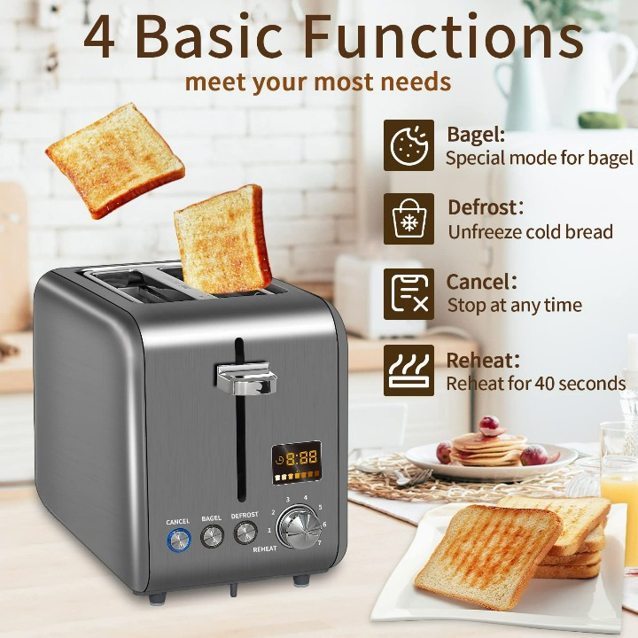 Factory Outlet 900W Wide Slots 2 Slice Stainless Steel Bread Toaster