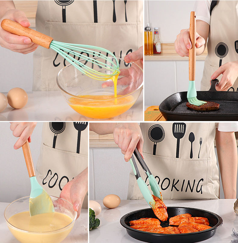 12PCS/Set Food Grade Silicone Kitchen Tools Set with Wooden Handles Kitchenware