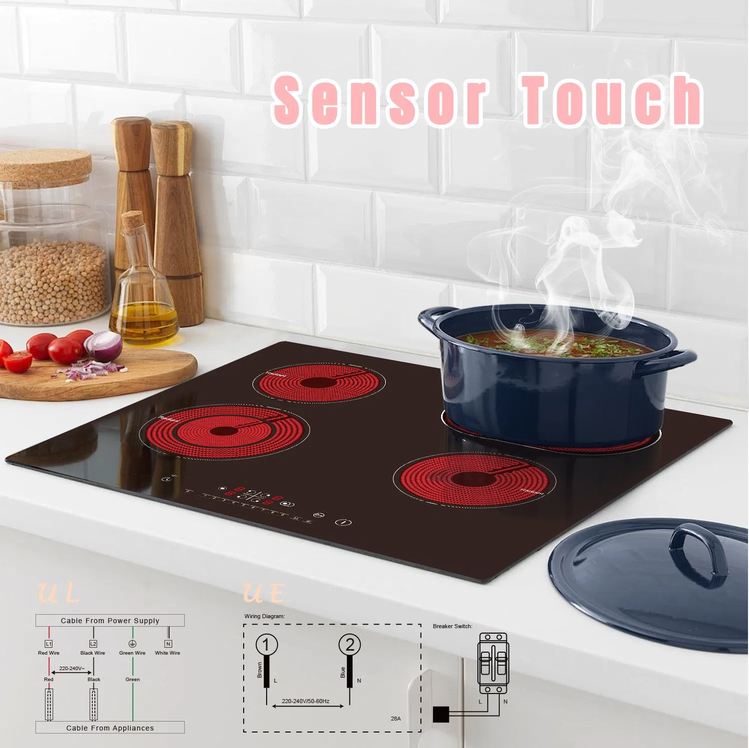 24 Inch Electric Cooktop 4 Burners, Drop-in Ceramic Cooktop, 6000W Radiant Electric Stove Top Burner with Touch Control, Safety Lock
