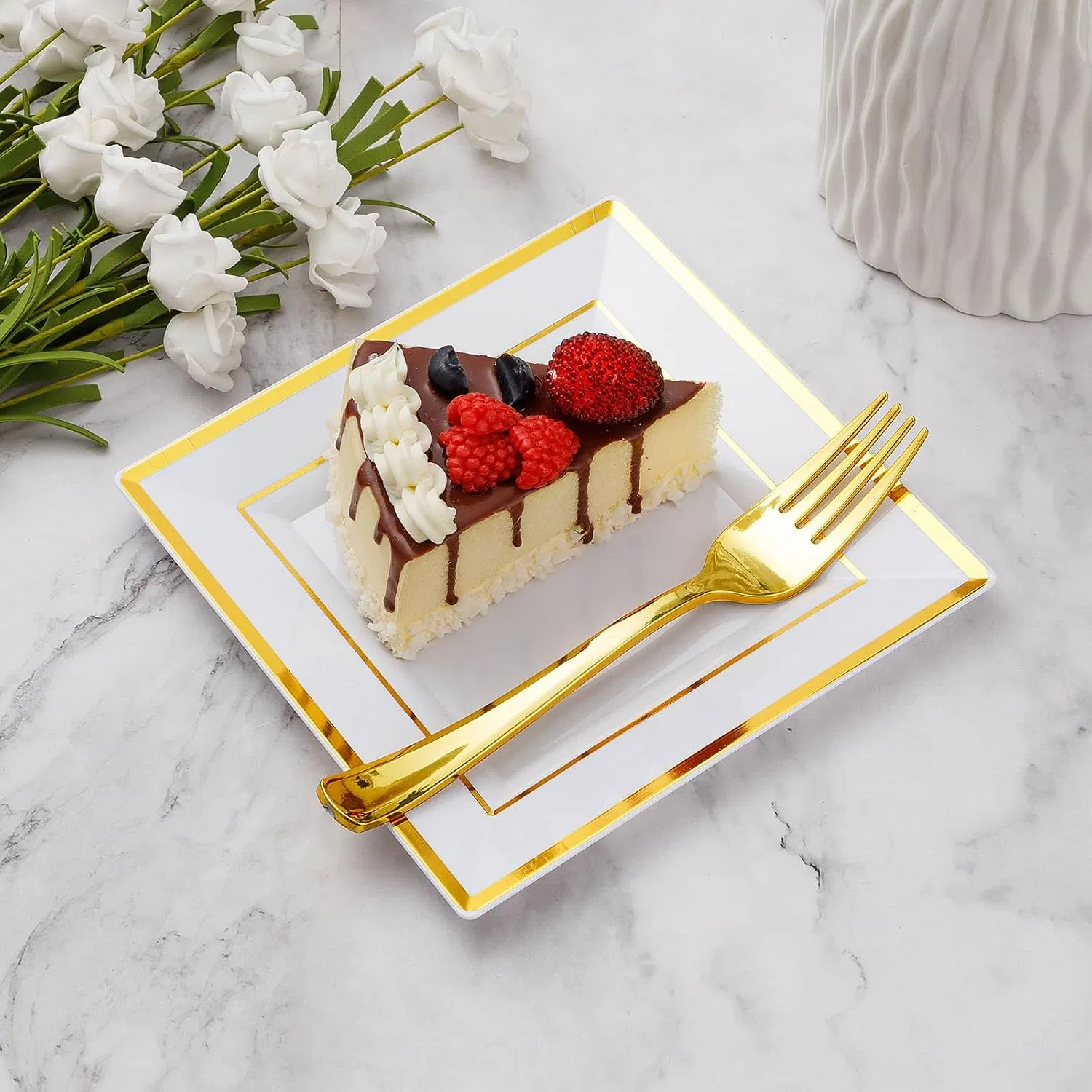Elegant Gold Square Disposable Dessert Plates for Parties