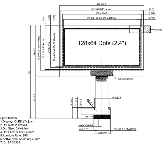 OLED дисплей 2.4 дюйма для умных часов