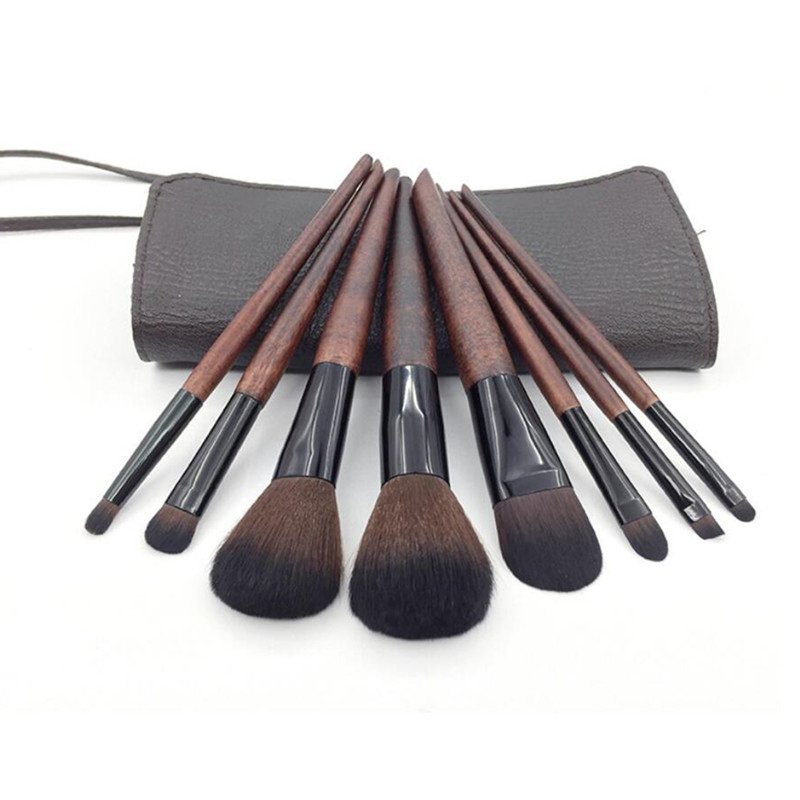 High Quality Wood Cosmetic Brush Set with PU Pouch