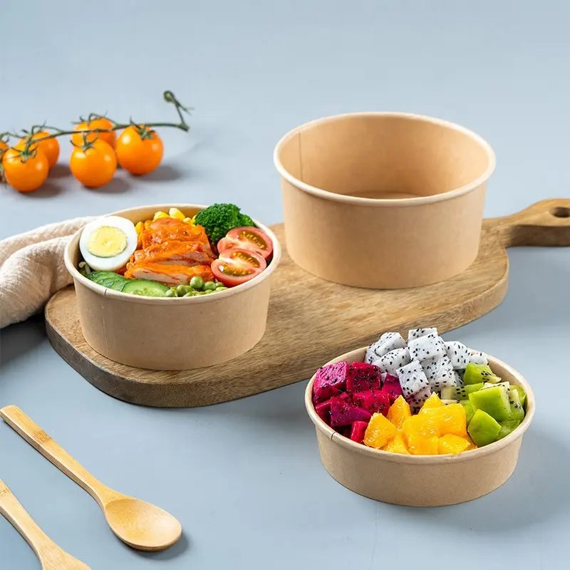 Eco Friendly Disposable Take Away Kraft Paper Salad Bowl with Lid