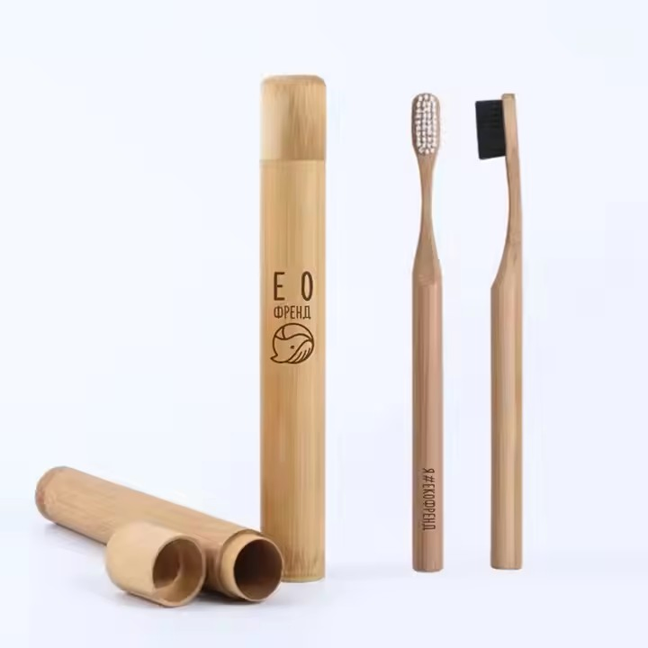 Natural Charcoal Bamboo Toothbrush, Custom Engraving Logo with Eco-Friendly Travel Tube
