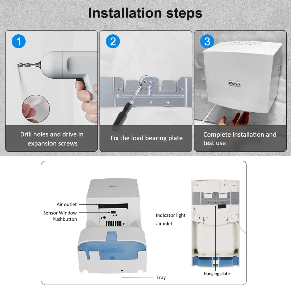 Commercial Public Restroom Wall Mounted Smart Warm Cold Wind Hand Dryer with Tray
