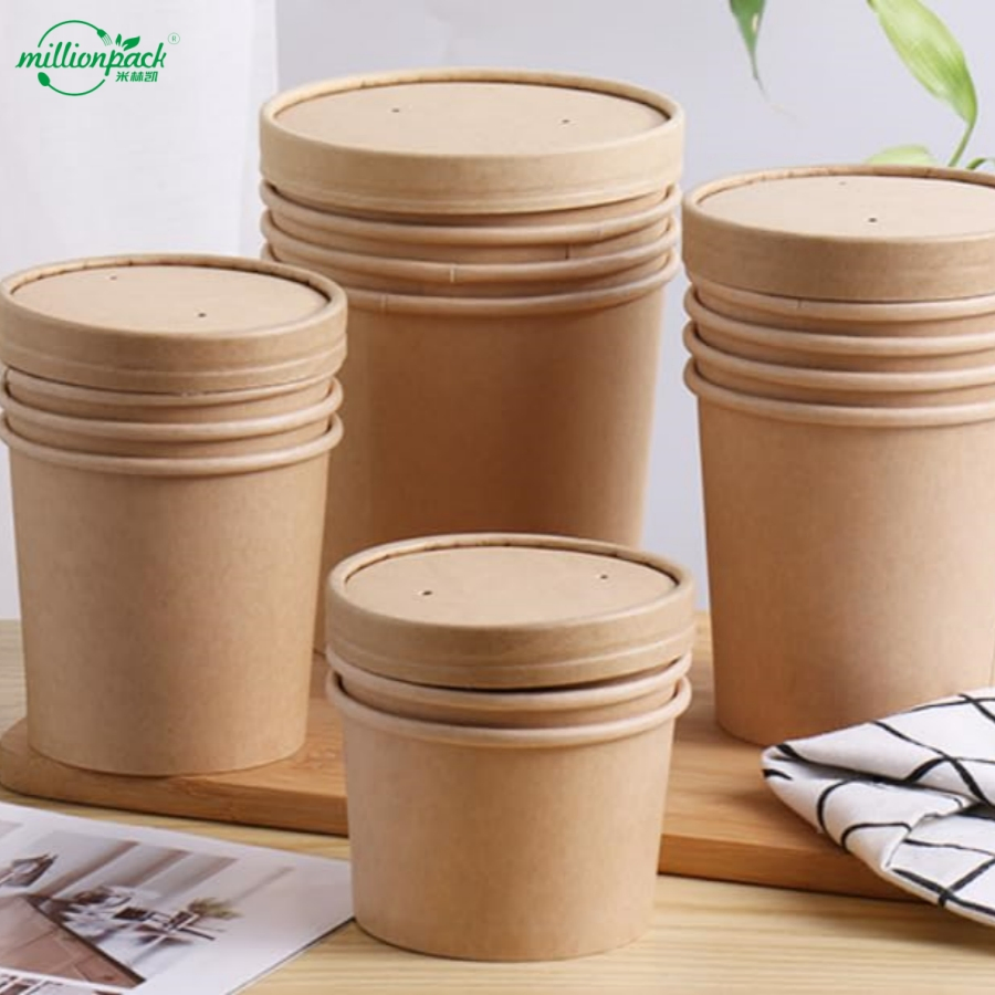 Disposable Paper Soup Cup Arrangement with Kraft Paper Soup Bowl Model