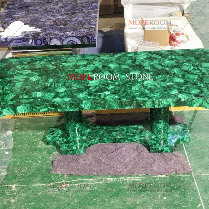 Luxury Villa Furniture Bronze Metal Mounted Malachite Green Marble Stone Countertop
