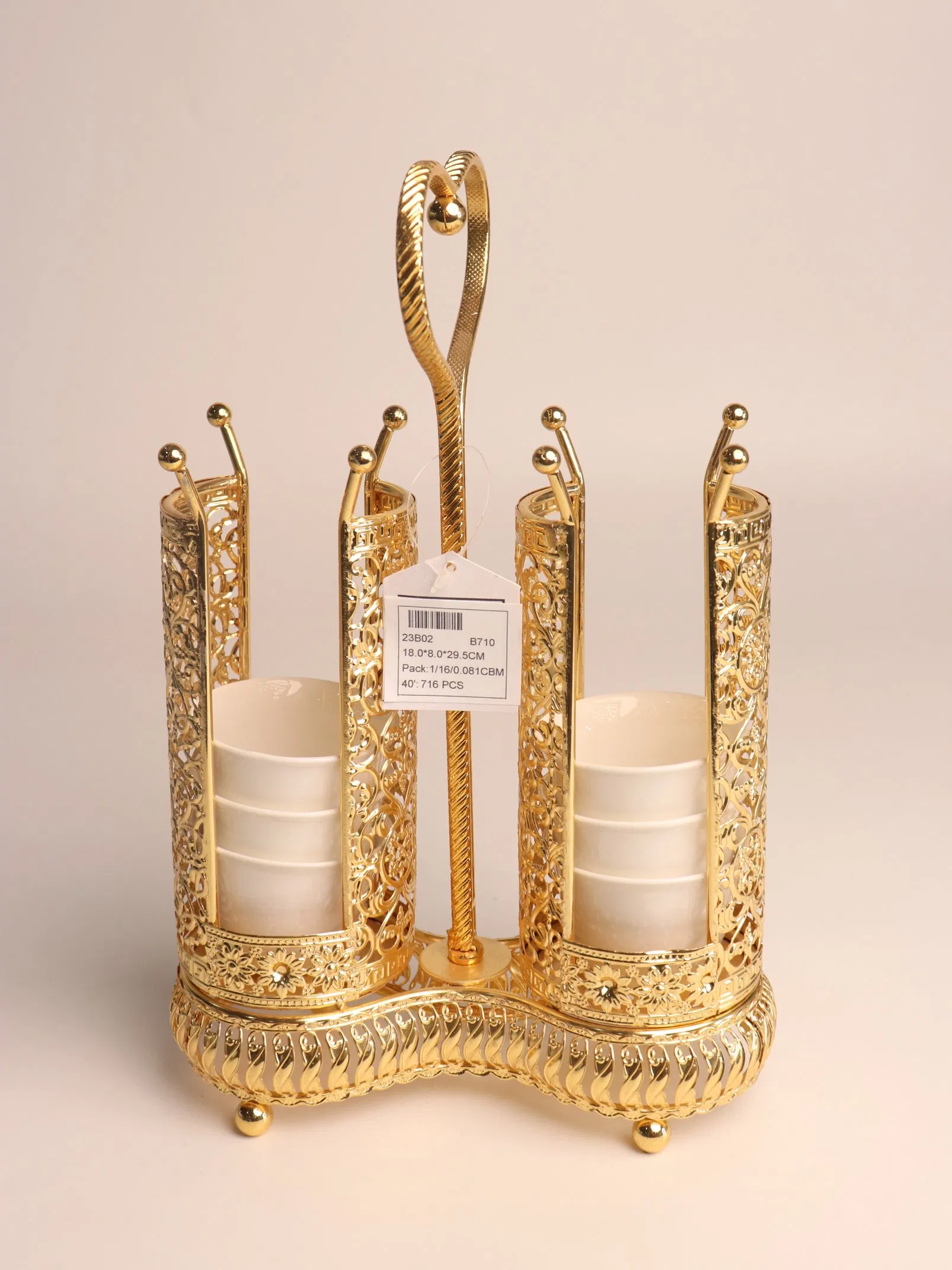 Gold-Plated Iron Frame with Ceramic Tea Cup Decoration Set