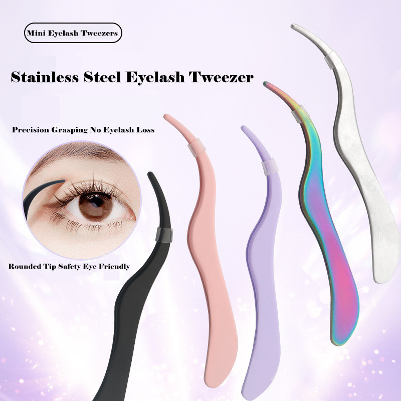 Portable Mini False Eyelash Extension Lash Applicator Tool Stainless Steel Curved Tweezer