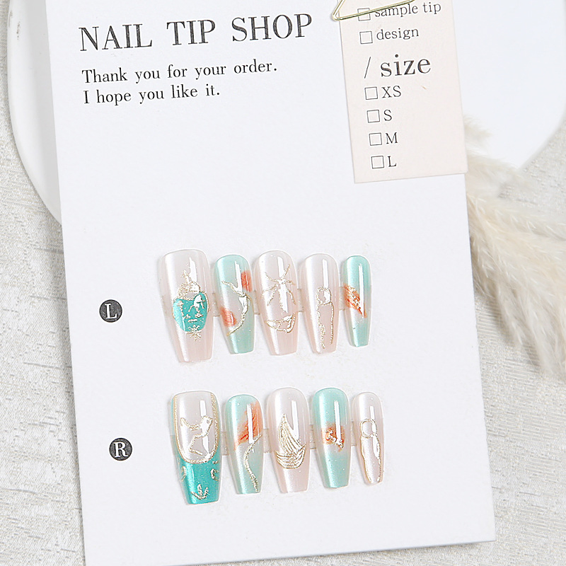 30PCS Libra Themed False Nails Long Coffin Shape Turquoise Gold ABS