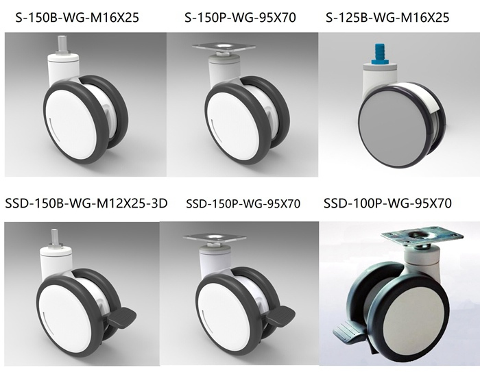 S Series TPU Casters for Hospital Medical Instrument, Clinic Apparatus Wheels for Diagnostic and Therapy Facility and Trolleys