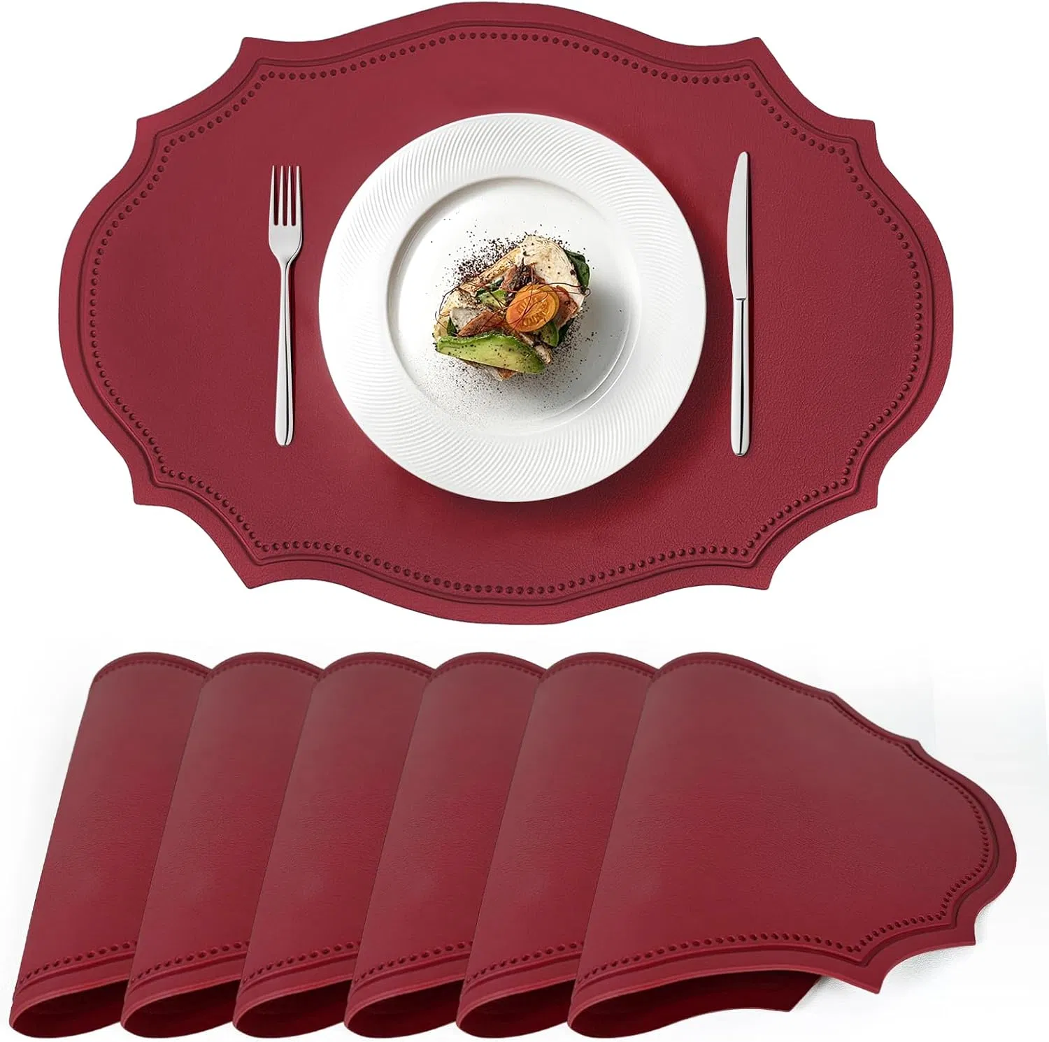 Set of 12 Christmas Oval Vinyl Placemats 17 X 12 Inch Antique Red Faux Leather Placemats Waterproof Placemat Non-Slip Wipeable Heat Resistant for Home Kitchen X