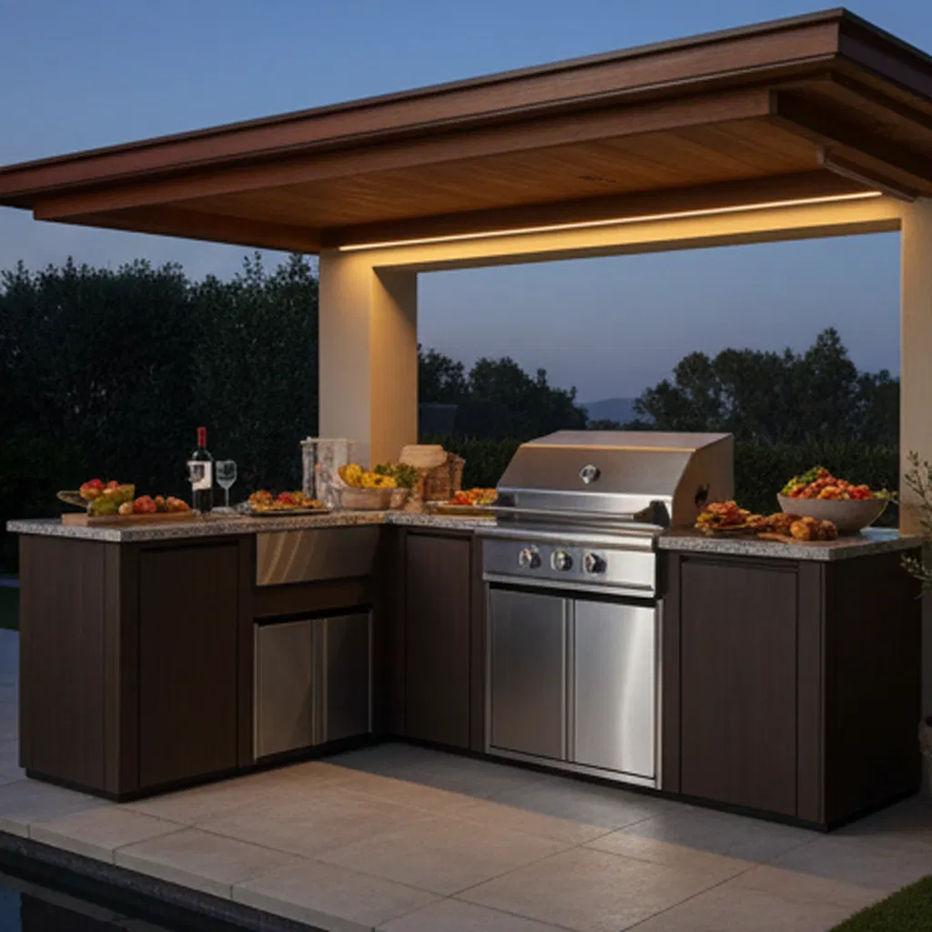 Modern Outdoor Gas Grill Trolley with Fridge and Storage Cabinet