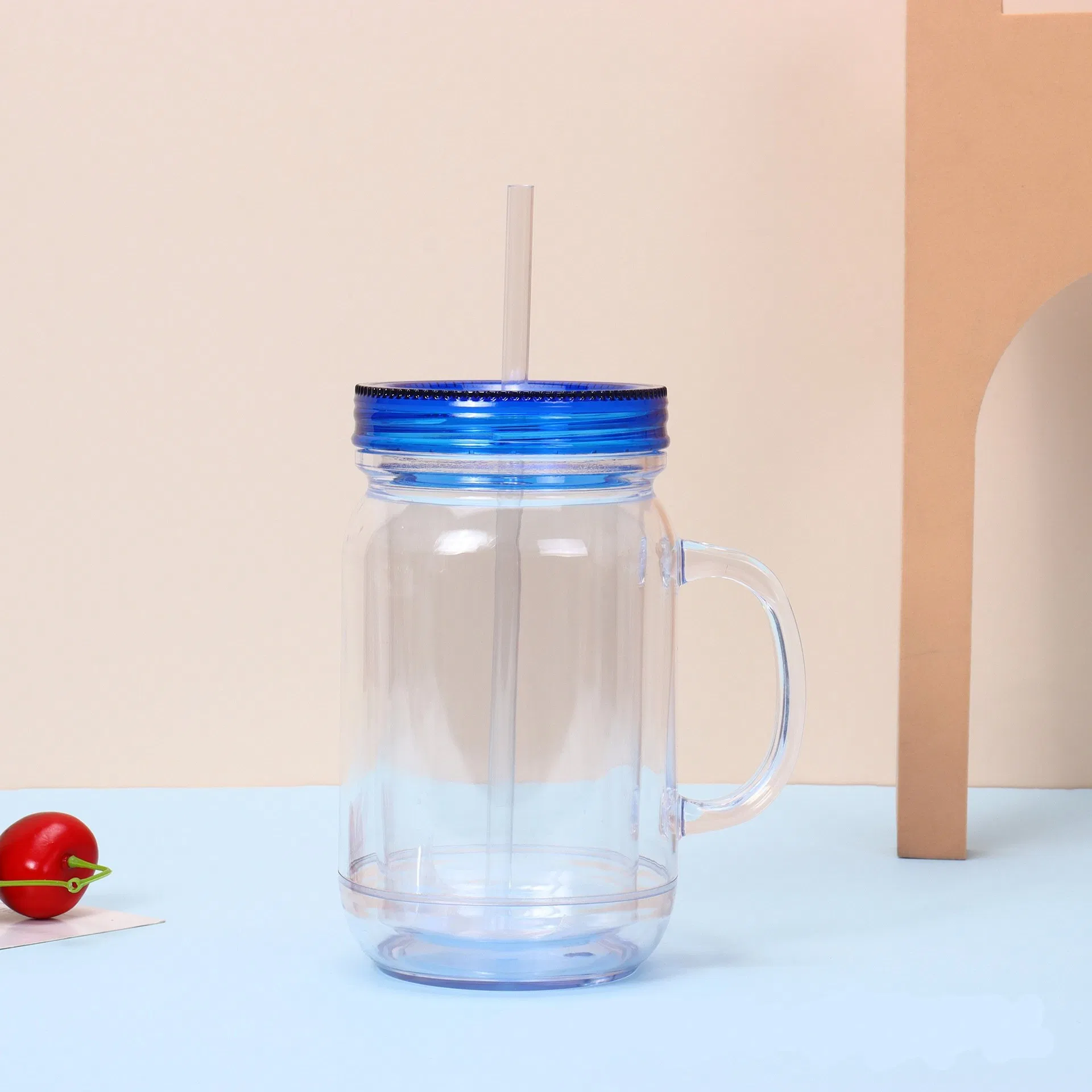 Transparent Clear Drinking Water Bottle 20oz Pre-Drilled Snow Globe Mason Jar Acrylic Plastic Double Wall Cup with Handle