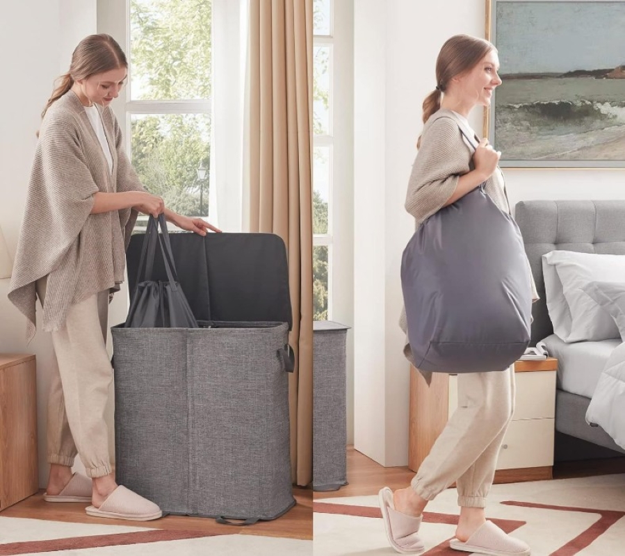 135L 2-Compartment Laundry Basket with Lid and Removable Laundry Bags Mi30564