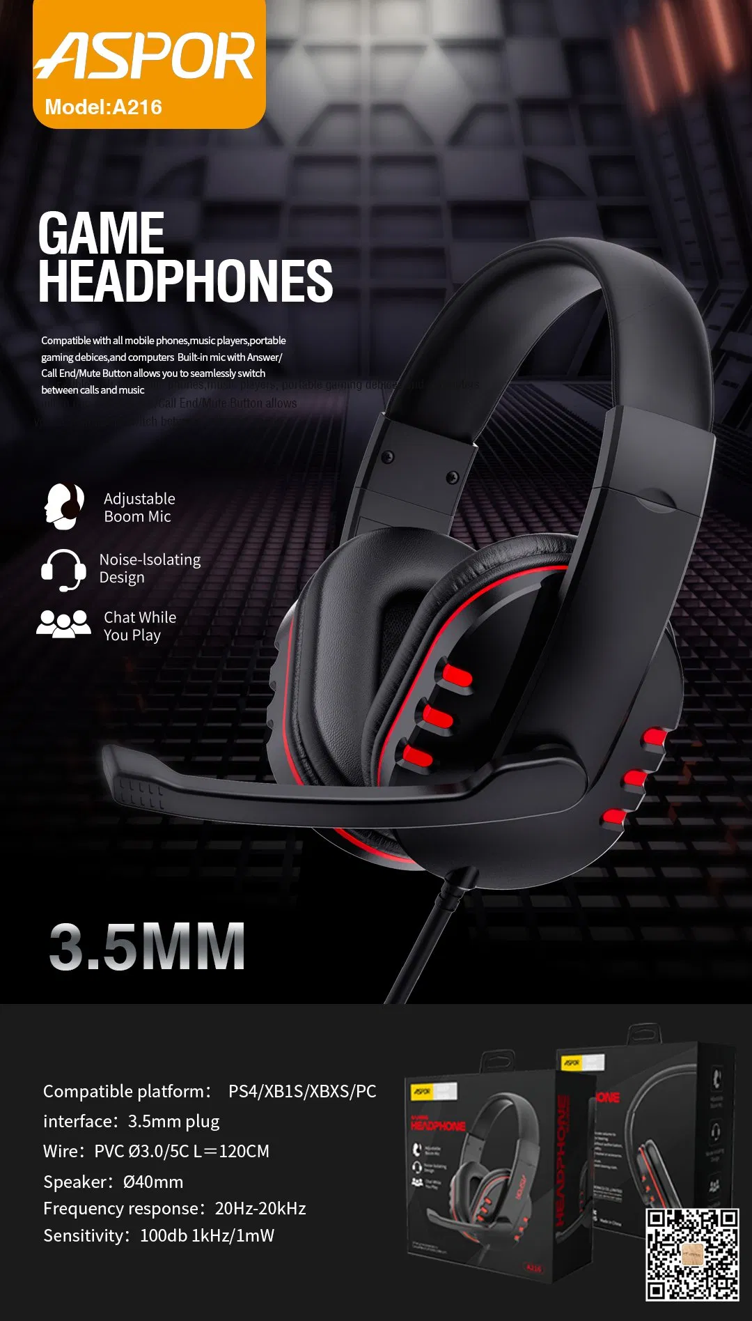 Игровые наушники ASPOR A216 с микрофоном