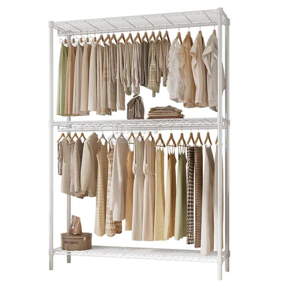 Minimalist Thickened Steel Double-Bar Coat Clothing Garment Rack with 3 Shelves for Home or Hotel Use