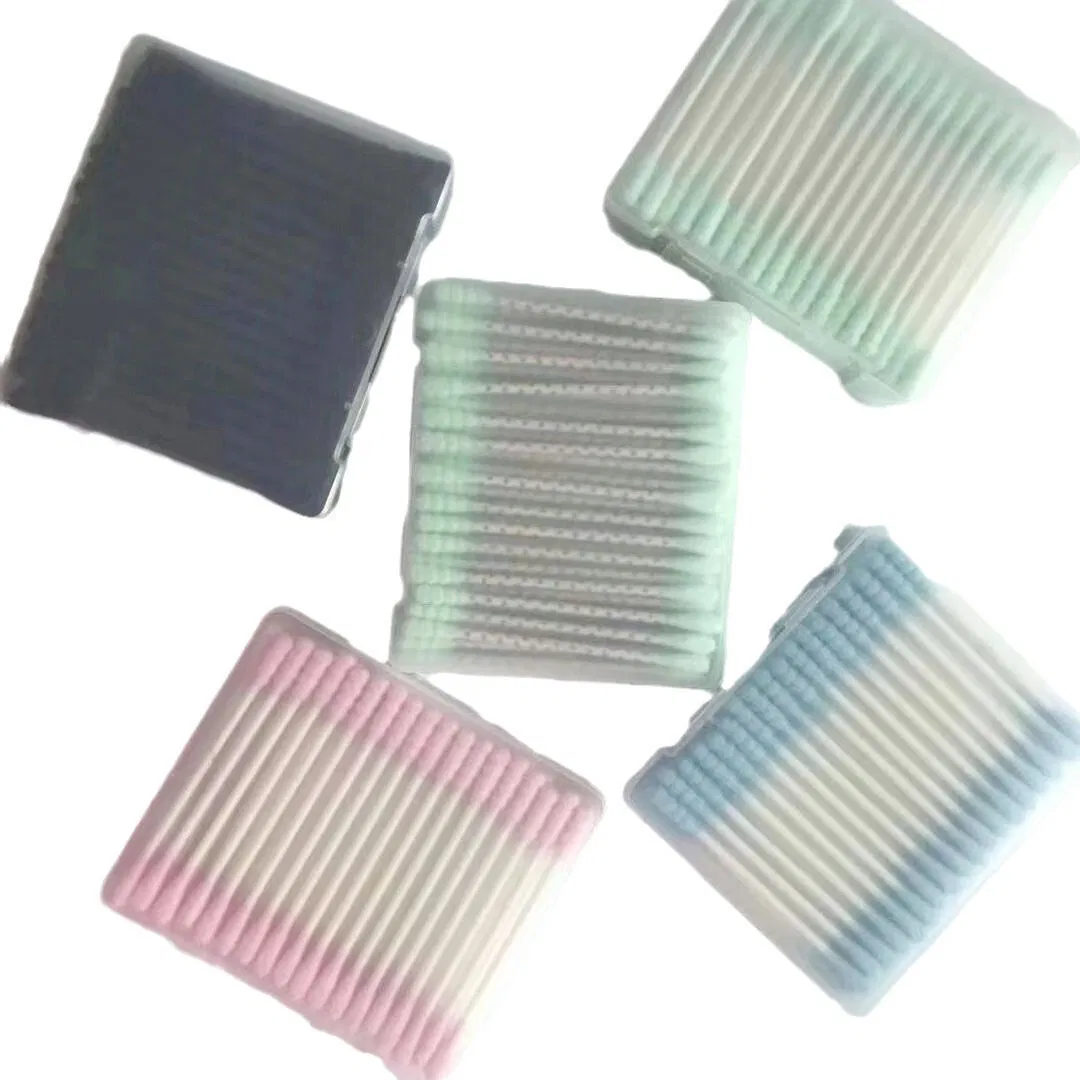 Double-Clasp Frosted Box Containing Double-Ended Cotton Swabs with Paper or Bamboo Sticks.