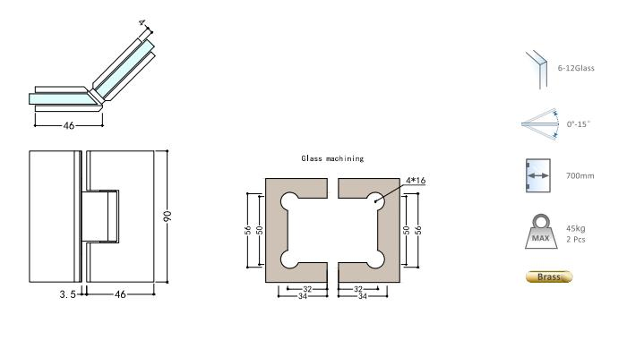 Glass Clip 135 Degree Hinge Shower Door Fittings Brass Hinge