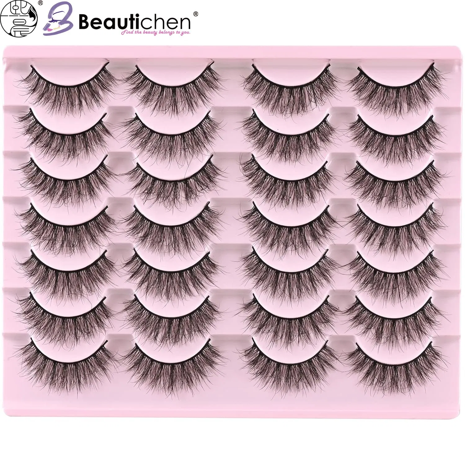 Beautichen 14 Pairs 3D False Eyelashes Set – Natural-Looking, Voluminous, Long-Lasting Lash Extensions in Pink Tray for Daily and Special Occasion Makeup