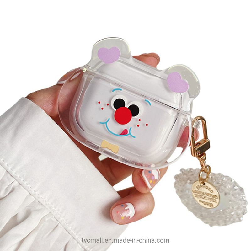 Red Nose Bear Head Pattern Transparent Soft TPU Protective Cover Earphone Case with Heart Pendant for Apple Airpods 3
