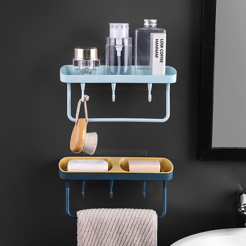 Creative Non Perforated Wall Mounted Double Grid Soap Towel Drain Rack Bathroom Space Savers Plastic Storage Box