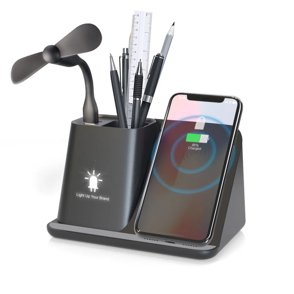 Company Gifts Wireless Charger Pen Holder with Lighting Logo Office Desktop Promotion Pen Container Charger