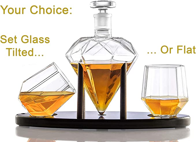 Whiskey Decanter Diamond Shaped with 2 Diamond Glasses & Mahogany Wooden Holder – Elegant Handcrafted Crafted Glass Decanter for Liquor
