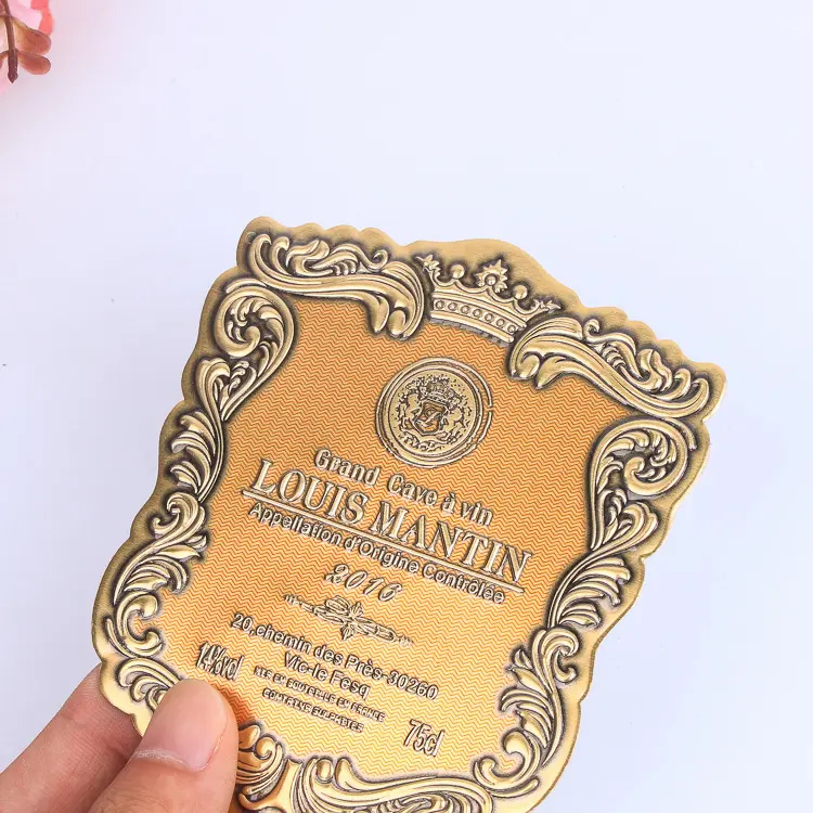 Custom Aluminum Bottle Metal Sticker Adhesive Metal Labels Foil Embossed Sticker Wine Label Bottle Metallic Labels Manufacture