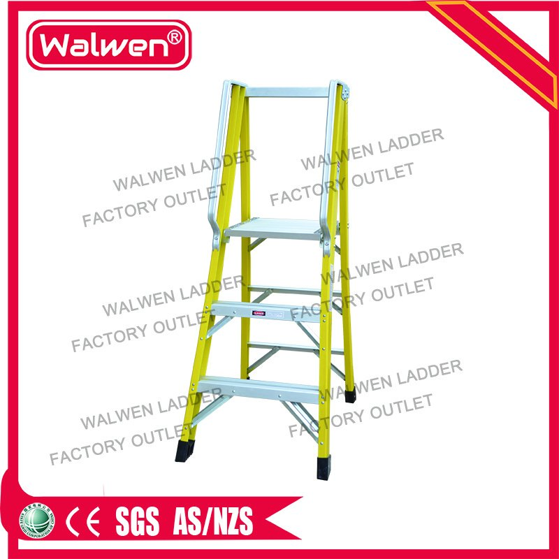 Single Section Yellow Colour Folding Fiberglass Platform Ladder with Handrail