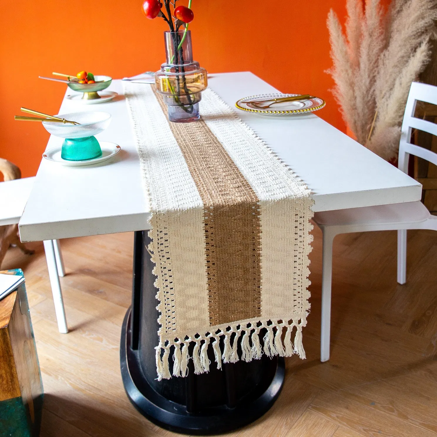 Xinlan Colorful Cotton Linen Table Runner Ethnic Style Handwoven Fringe Tea Table Decor Boho Home Dining Accessory