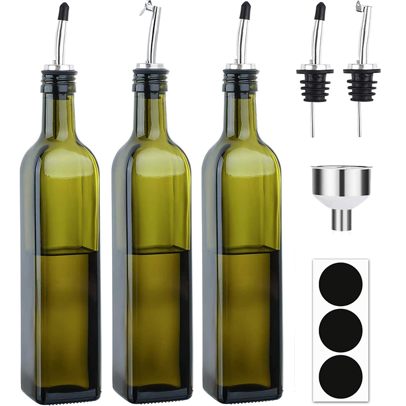 17 Oz Green Glass Olive Oil Dispenser Bottle 500 Ml Oil & Vinegar Cruet with Pourers and Funnel Olive Oil Carafe Decanter