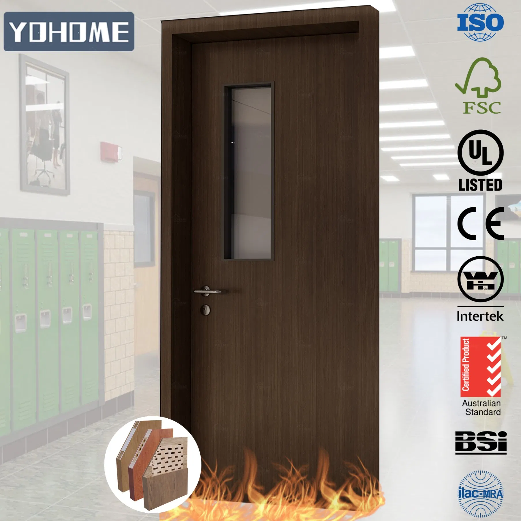 EU Swiss France Italy Germany UK Standard Fire Door Fire-Resistant Wooden Doors School Classroom Door with Top Panel Glass