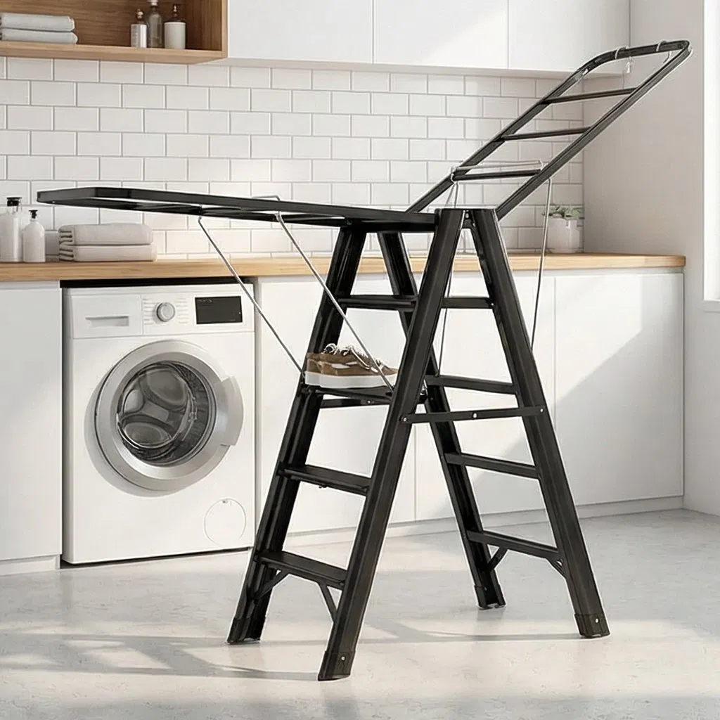 Thickened Rustproof Folding Drying Ladder Sturdy Load Bearing Balcony Telescopic Ladder