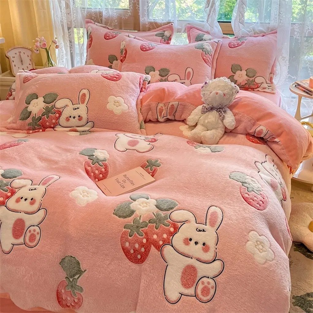 Pink Rabbit Printed Pure Cotton Duvet Cover Flat Sheet Pillowcases Children Sabanas Bed Linen Skin-Friendly Quilt Comforter Cover Kids Queen Bedding Set