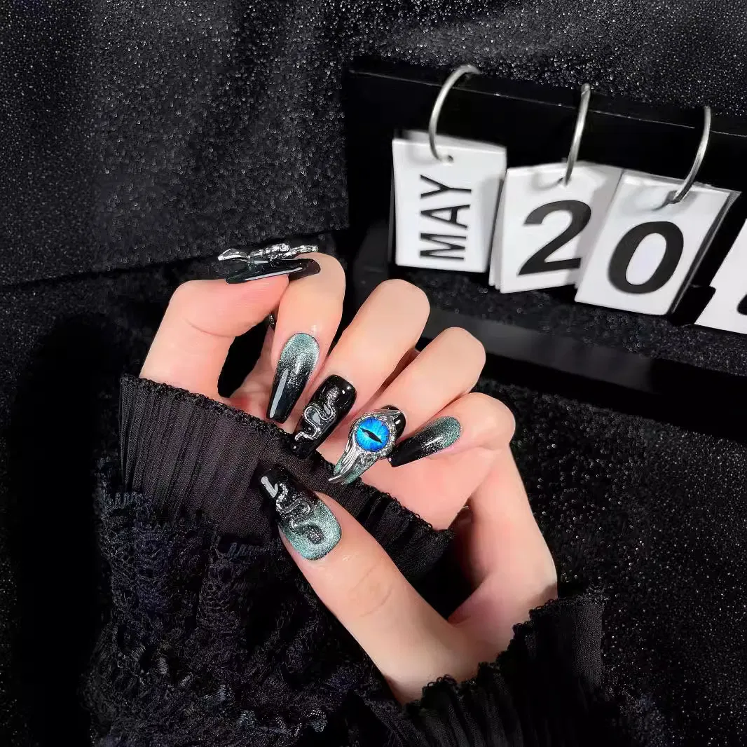 Handemade Press on Nails Snake Blue Eyes Butterfly Diamond Punk Style