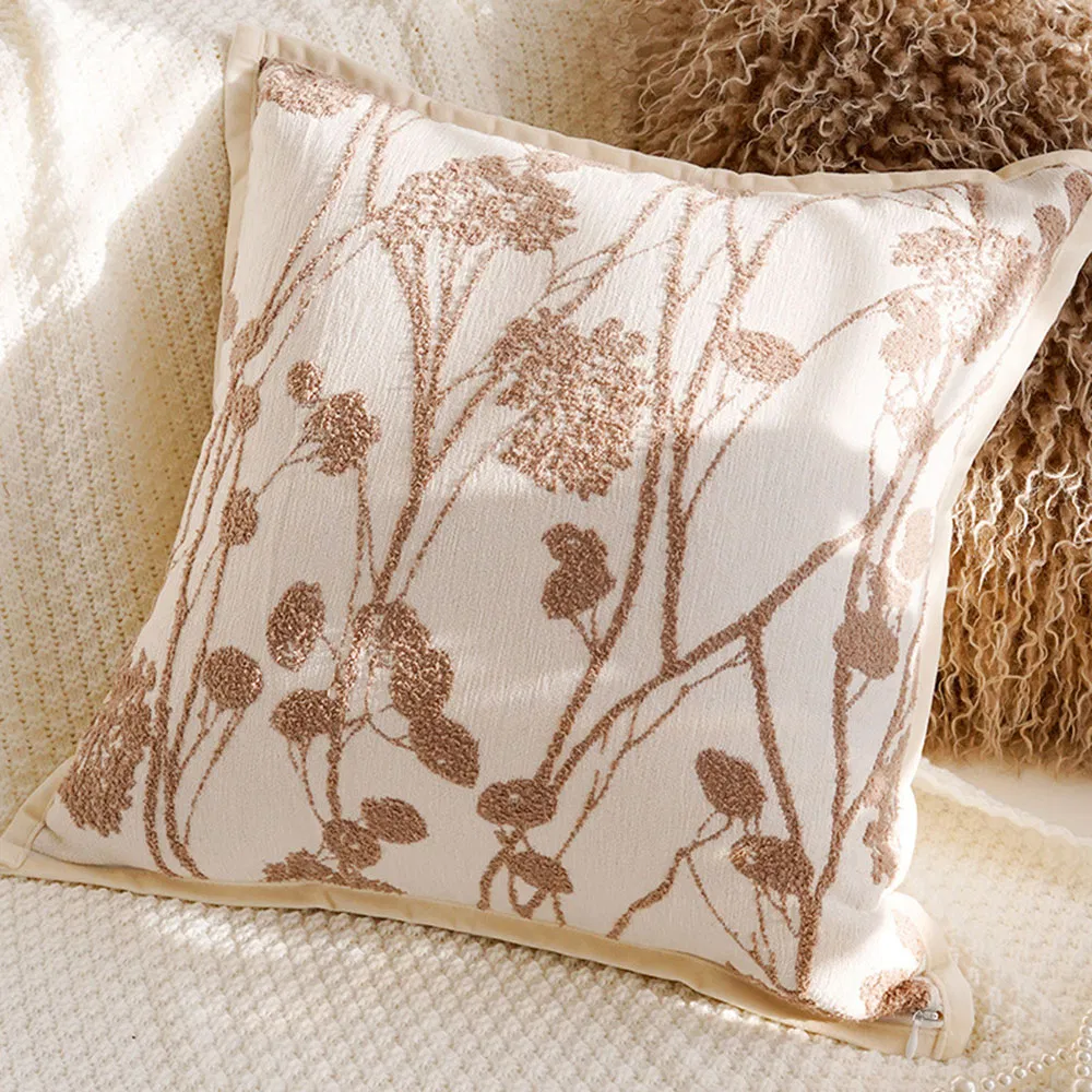 Brown Creamy Style Chenille Living Room Bedside Car Sofa Office Plant Flower Patterns Headboard Cushion Pillow