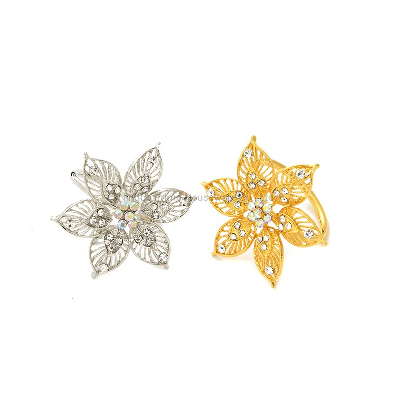 Golden Silver Metal Flower Rhinestone Napkin Rings for Wedding Decor Home Decor