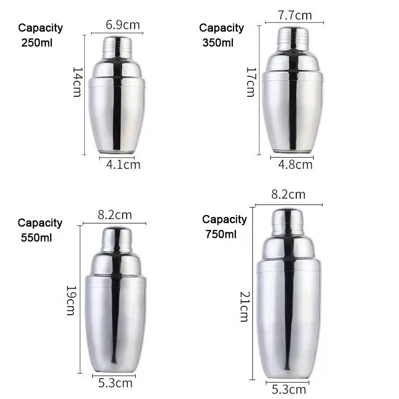 Barware Custom Stainless Steel Black Copper Gold Silver Rainbow 250ml/350ml/550ml/750ml Martini Cocktail Shaker for Bar Party Club