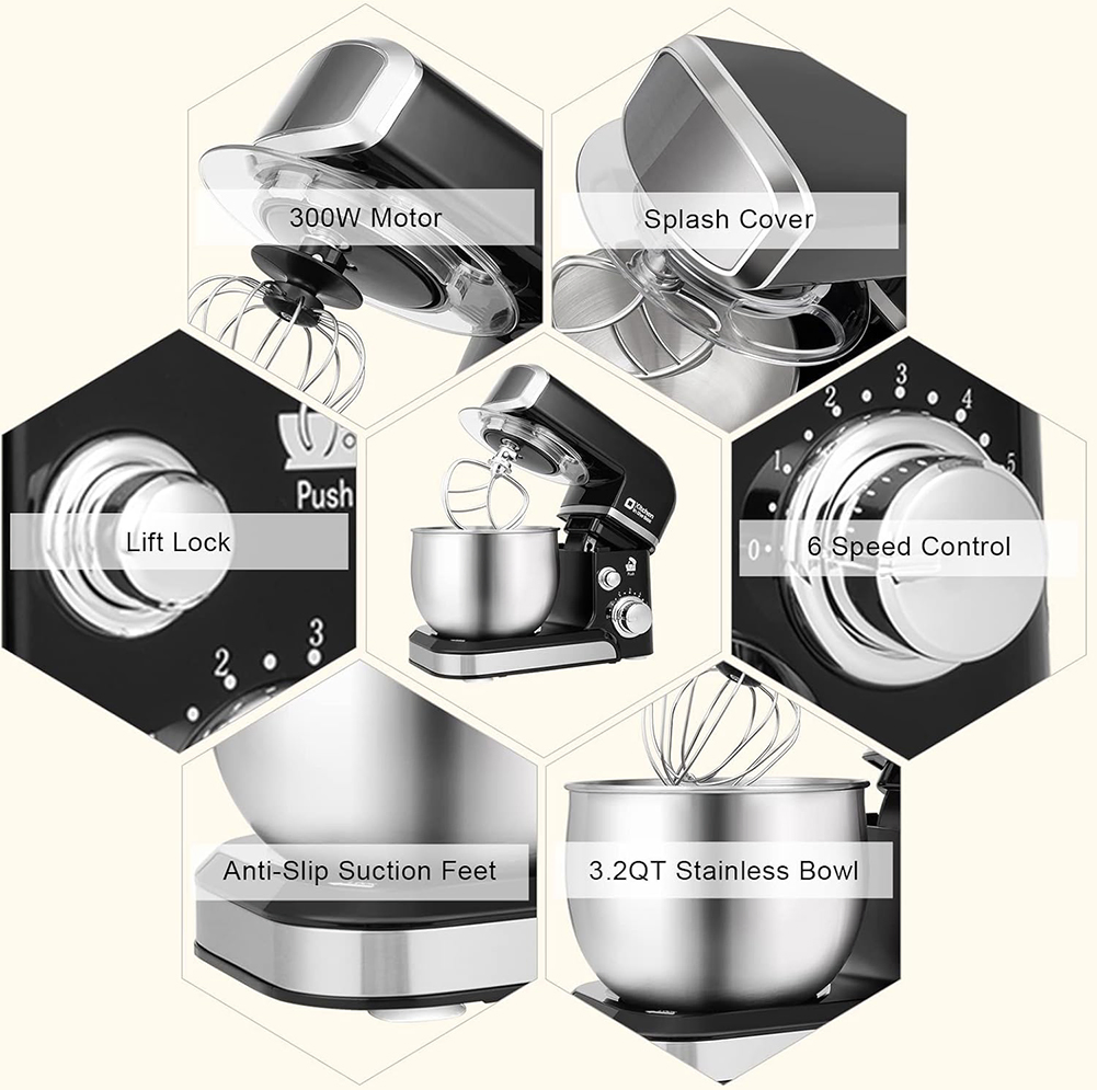 Ds-5601BL Stand Mixer, 3.2QT Small Electric Food Mixer, 6 Speeds Portable Lightweight Kitchen Mixer for Daily Use with Egg Whisk, Dough Hook, Flat Beater