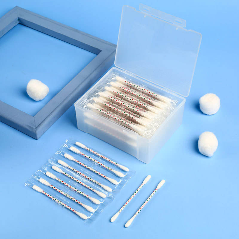 a Double-Clasp Square Box Containing 100 Individually-Packaged Colored- Stick Cotton Swabs.