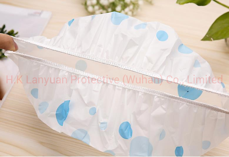 Disposable PE Shower Cap with Cherry Design in Blue