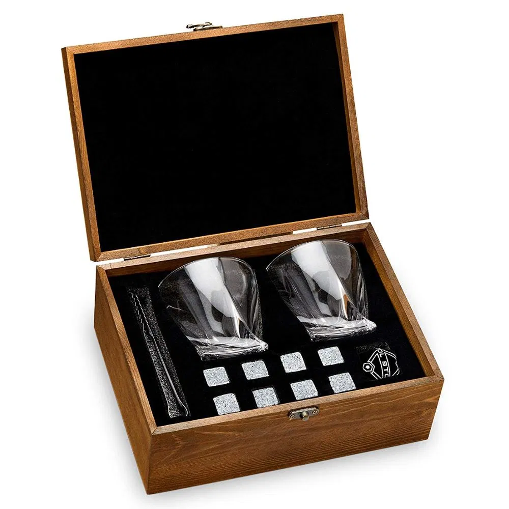 2 PCS of Whiskey Wine Glass Cup 8PCS of Whiskey Stones in a Wood Pine Box for Gift Father′ S Day