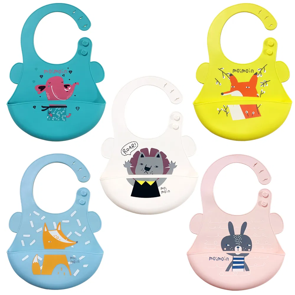 Factory Price Custom Non Toxic Waterproof Washable Baby Bib Animal Button Soft Silicone Bib