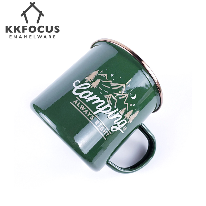 Enamel Mug Cup Green White Couple of Set Golden SS304 Rim